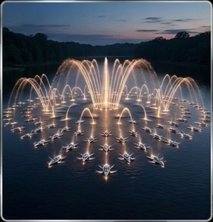Illuminated water and drone show at night