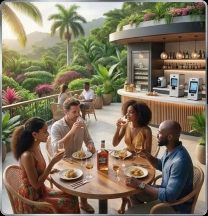Visitors dining on a terrace